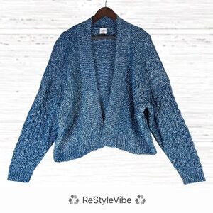 CABI Women’s Size M Cardigan Sweater Open Front Cable Knit Blue Heather Oversize